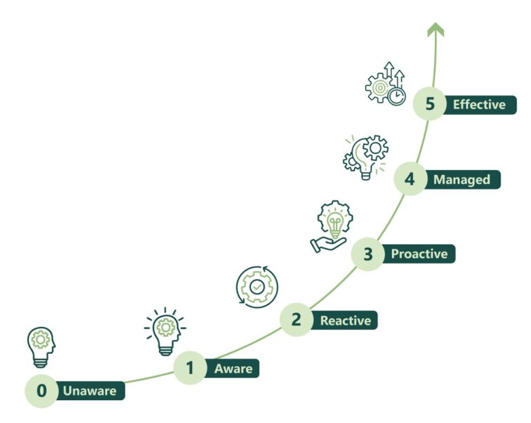 Diagram of the Data Governance Maturity Model showing stages of organizational data capability